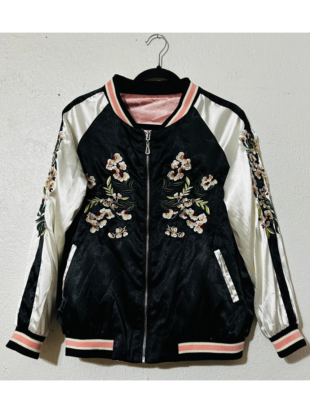 Embroidered Satin Souvenir Jacket Dragon Phoenix Bomber Sukajan Black Women M/L